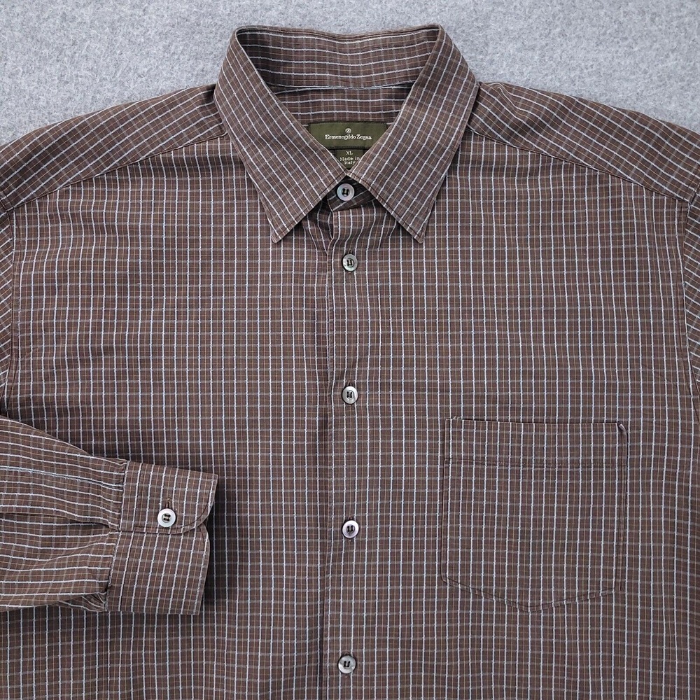 Ermenegildo Zegna Button Up Shirt XL Brown Check Italy Made Long Sleeve Mens
